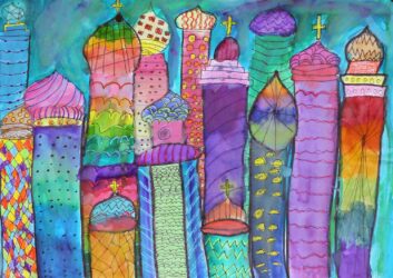 Oil Pastel, Watercolour and Fineliner on Paper by Madhumita Kobby, Year 6, The Maharishi School Student artwork of St Basil's Cathedral