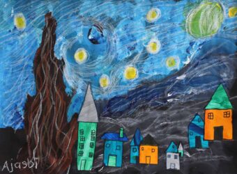 Pastel, Paint and Collage on Paper by Ajasbi Moktan, Year 5, The Maharishi School Student artwork of Van Gogh's Starry Night