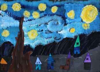 Pastel, Paint and Collage on Paper by Billie DiMaggio, Year 4, The Maharishi School Student artwork of Van Gogh's Starry Night