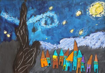 Pastel, Paint and Collage on Paper by Noah Constable, Year 3, The Maharishi School Student artwork of Van Gogh's Starry Night