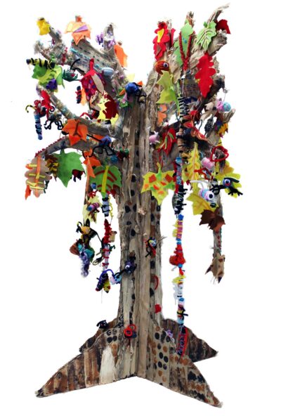 Mixed Textile on Paper Bark and Wood, a group project by Year 4 students from Cathedral College Wangaratta Student artwork of a textile tree