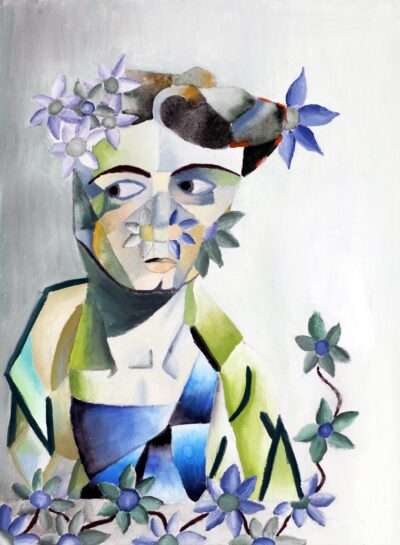 Acrylic on Board by Lucy Clohesy, Year 9, Aitken College Student artwork of surrealist portrait with flowers