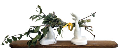 Plaster, Wood and Flora, Samantha Collins, Year 10, Ballarat Christian College Student artwork of plaster hands holding flowers and twigs