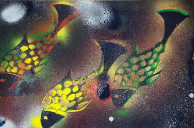 Spray Paint on Paper by Zareen Khan, Year 10, Sirius College Student artwork of spray painted fish
