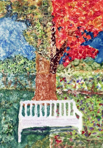 Monoprint by Alyssa Wolowicc, Year 9, Strathcona Baptist Girls Grammar School Student artwork of park bench and tree