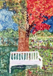 Monoprint by Alyssa Wolowicc, Year 9, Strathcona Baptist Girls Grammar School Student artwork of park bench and tree
