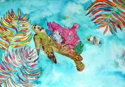 Drypoint Etching and Watercolour on Paper by Jade Thomas, Year 8, Cathedral College Wangaratta Student artwork of turtle swimming