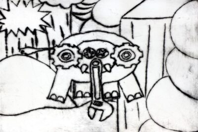 Drypoint Etching on Paper by Zara Crynes, Year 8, Cathedral College Wangaratta Student artwork of a mechanical elephant