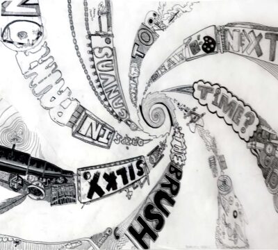 Fineliner and Ink on Paper by Cooper Clements, Year 6, St Michael’s Grammar School Student artwork of a typography spiral