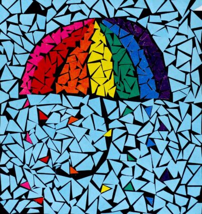 Paper Mosaic by Mercedes Robertson, Year 7, Trinity Lutheran College Student artwork of a mosaic umbrella