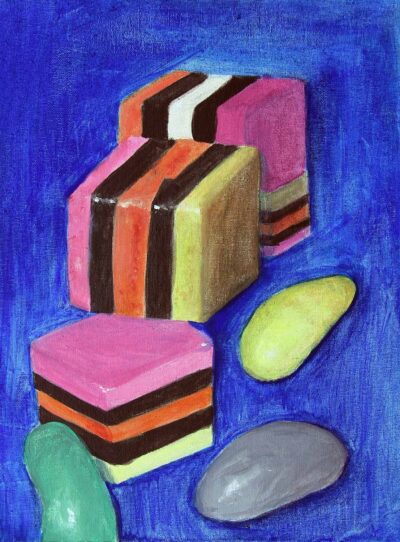 Acrylic on Canvas by Sophie Leggatt, Year 8, St Michael’s Grammar School Student artwork of licorice allsorts