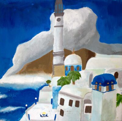 Acrylic on Canvas by Yasmin Yarligan, Year 8, Sirius College Student artwork of a white coastal village
