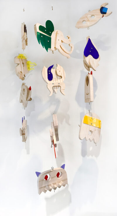 Wood and Acrylic, a group project by Year 8 students, Carey Baptist Grammar School Student artwork of wooden creature mobile