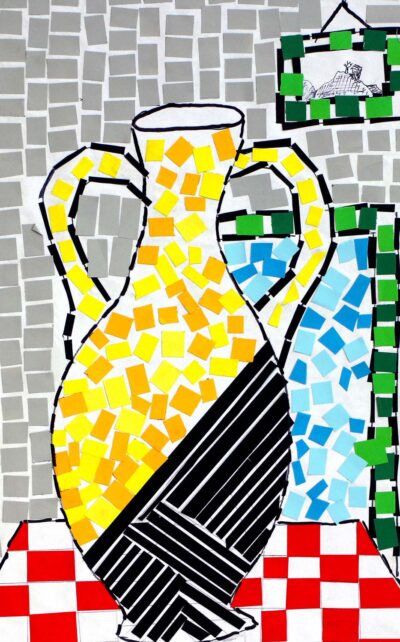 Paper Mosaic by Wafa Abdallah, Year 5, Al Siraat College Student artwork of mosaic vase still life