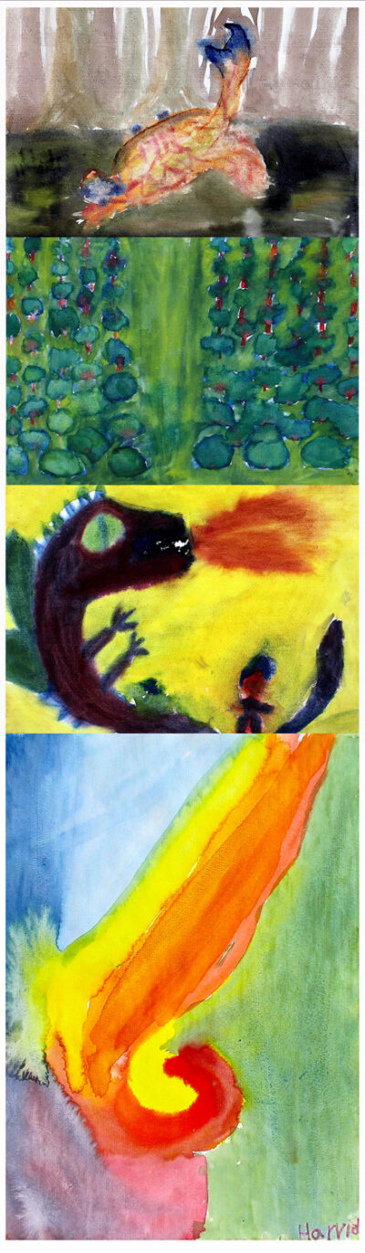Watercolour on Paper by Ruby Cano-Perez, Harriet Lush, Murray Hassel and Pearl Kitson-McDonald, Class 4, Ballarat Steiner School and Kindergarten Student artwork of a dragon landscape