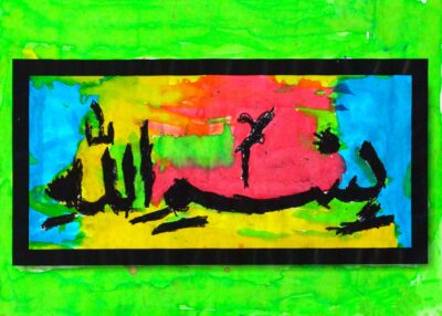 Pastel and Watercolour on Paper by Raiyan Ahmad, Prep, Al Siraat College Student artwork of Arabic calligraphy