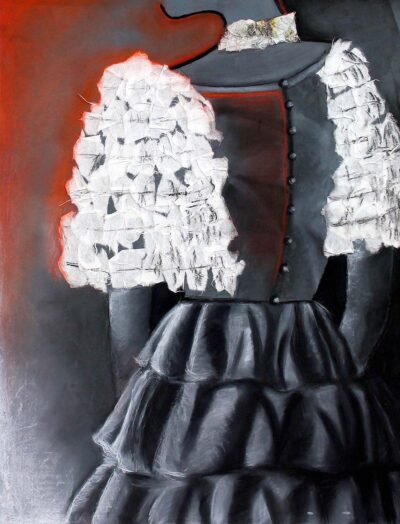 Mixed Media on Paper by Elaine Zhang, Year 9, Firbank Grammar School Student artwork of a silhouette wearing a dress