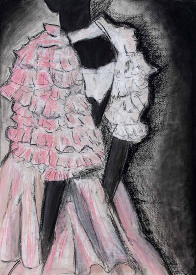 Mixed Media on Paper by Coco Qian, Year 9, Firbank Grammar School Student artwork of a silhouette wearing a dress