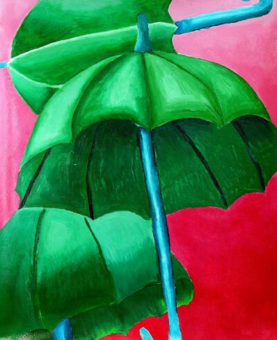 Acrylic on Card by Emily Zhang, Year 7, Firbank Grammar School Student artwork of green umbrellas