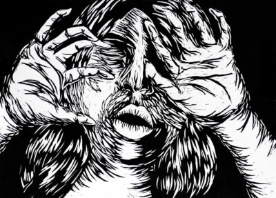Lino Cut Print, by Janis Yu, Year 11, Firbank Grammar School Student artwork of a linocut face covered by hands