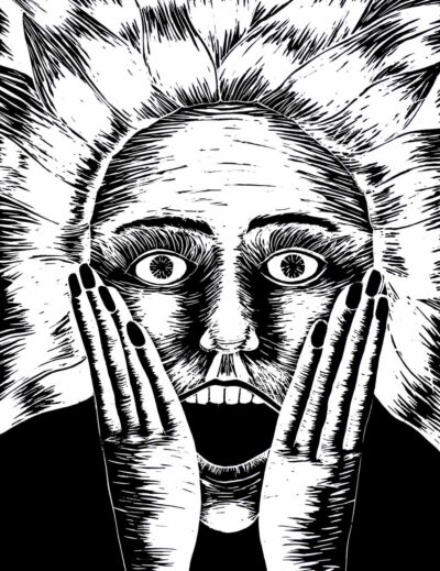 Lino Cut Print by Jade McElroy, Year 11, Firbank Grammar School Student artwork of a linocut surprised face