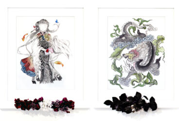 Mixed Media on Paper by Jingyu Zhang, Year 12, Girton Grammar School Student artwork of a dragon and a figure dressed in traditional heritage dress