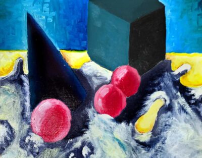Oil on Paper by Phoebe Cook, Year 9, Girton Grammar School Student artwork of a still life with blue cones