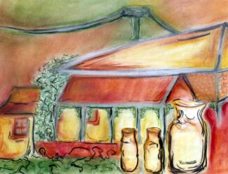 Watercolour on Paper by Alexandra Neville, Year 9, Girton Grammar School Student artwork of a still life with bottles