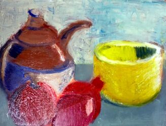 Oil on Paper by Imogen Handley-Kurzke, Year 9, Girton Grammar School Student artwork of a still life with teapot