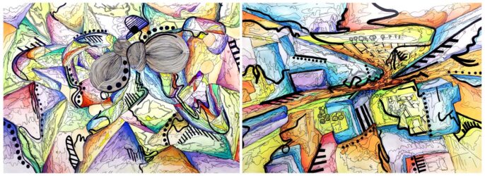 Mixed Media on Paper by Sarah Hardkins, Year 12, Girton Grammar School Student artwork of two sisters and a topography study