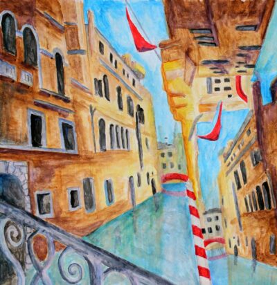 Watercolour on Paper by Nathan Patarica, Year 11, Girton Grammar School Student artwork of a Venetian canal