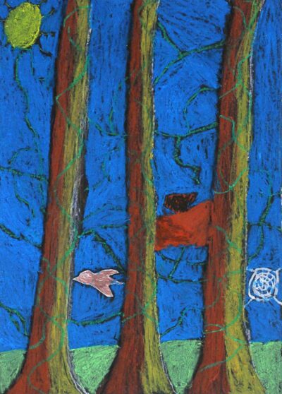 Pastel and Collage on Paper by David Wong, Year 3, Good Shepherd Lutheran Primary School Student artwork of a bird in the forest