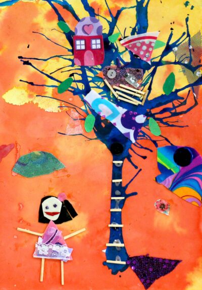 Mixed Media on Paper by Meng-Jen Lee, Year 2, Good Shepherd Lutheran Primary School Student artwork of girl and birdhouse
