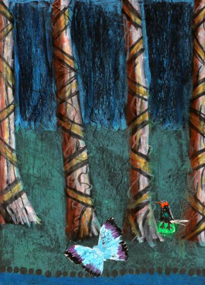 Pastel and Collage on Paper by Mackenzie Strachan, Year 3, Good Shepherd Lutheran Primary School Student artwork of a butterfly in the forest