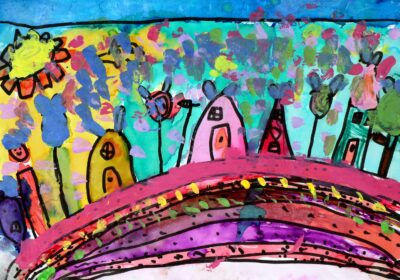 Mixed Media on Paper by Eirini Cagnoni, Prep, Good Shepherd Lutheran Primary School Student artwork of a rainbow city