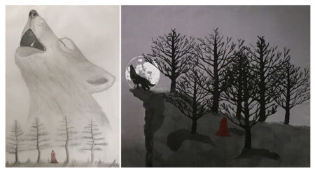 Printmaking and Mixed Media on Paper by Nurefsan Yesiler, Year 12, Ilim College Student artwork of a moon howling