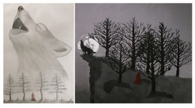 Printmaking and Mixed Media on Paper by Nurefsan Yesiler, Year 12, Ilim College Student artwork of a moon howling