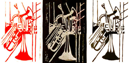 Lino Cut Print by Benjamin Du, Year 8, Overnewton Anglican Community College Student artwork of a linocut trumpet
