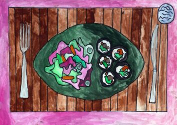 Watercolour and Marker on Paper by Lauren Grimaud, Year 4, Overnewton Anglican Community College Student artwork of a plate of dinner and a placemat