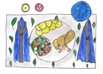 Watercolour and Marker on Paper by Mia Sprague, Year 4, Overnewton Anglican Community College Student artwork of a plate of dinner and a placemat