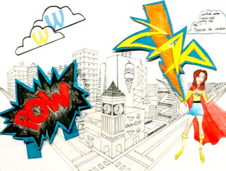 Mixed Media on Paper, Lucy Cornelius by Year 8, Overnewton Anglican Community College Student artwork of a superwoman