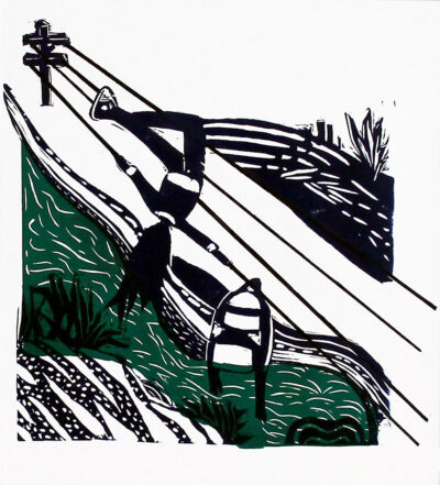 Multi Lino Cut on Paper by Caitlin Caselli, Year 11, Ruyton Girls’ School Student artwork of a person tripping over