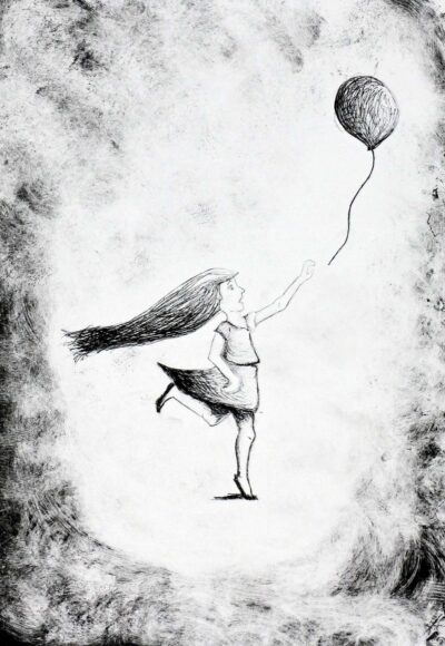 Drypoint Etching by Ciara Brennan, Year 9, Ruyton Girls’ School Student artwork of a girl with a lost balloon