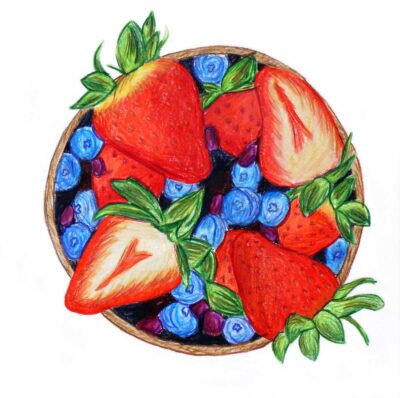 Coloured Pencil on Paper by Madeleine MacGinley, Year 10, Ruyton Girls’ School Student artwork of a bowl of fruit