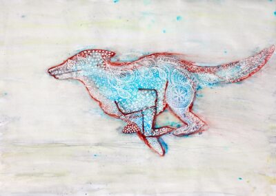 Watercolour and Pen on Paper by Zara Waugh, Year 7, Ruyton Girls’ School Student artwork of a running wolf