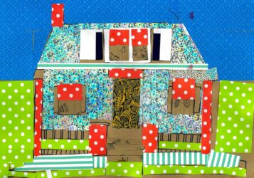 Digital image of Collage on Paper by Aaron Theo, Year 6, St Leonard’s College Student artwork of an Arkley-inspired house