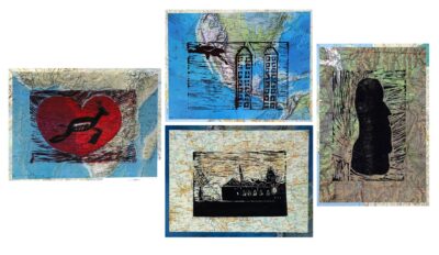 Lino Print on Printed Paper by Henri Du Toit, James Charlesworth, Alastair Murphy and Aiden King, Year 5, Trinity Grammar School, Kew Student artwork of