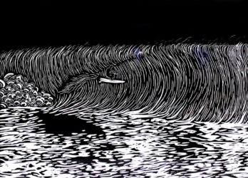 Linoprint on Paper by Hannah Nichols, Year 10, The Hamilton and Alexandra College Student artwork of a surfer