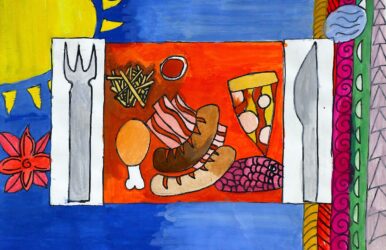 Watercolour and Marker on Paper by Reuben Tuariki, Year 4, Overnewton Anglican Community College Student artwork of a plate of dinner and a placemat