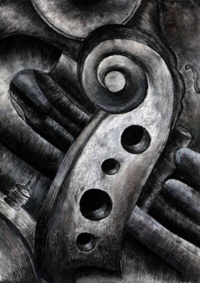 Charcoal and Pastel on Paper by Dorotha Chow, Year 11, Firbank Grammar School Student artwork of an up close musical instrument
